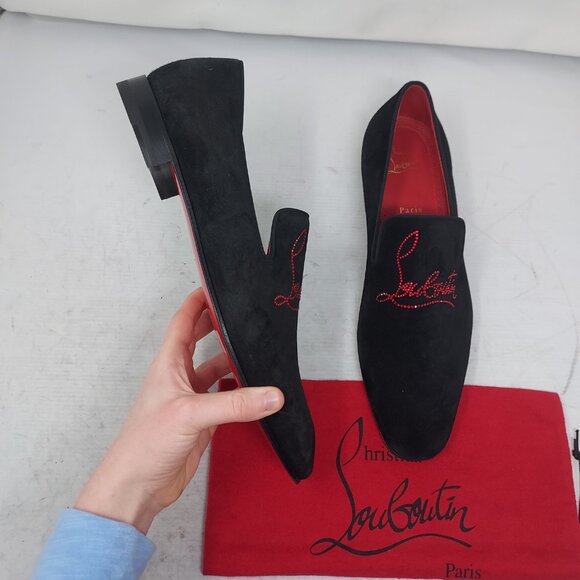 CHRISTIAN LOUBOUTIN Black Dandelion Strass Suede Logo Loafer - Picture 3 of 11